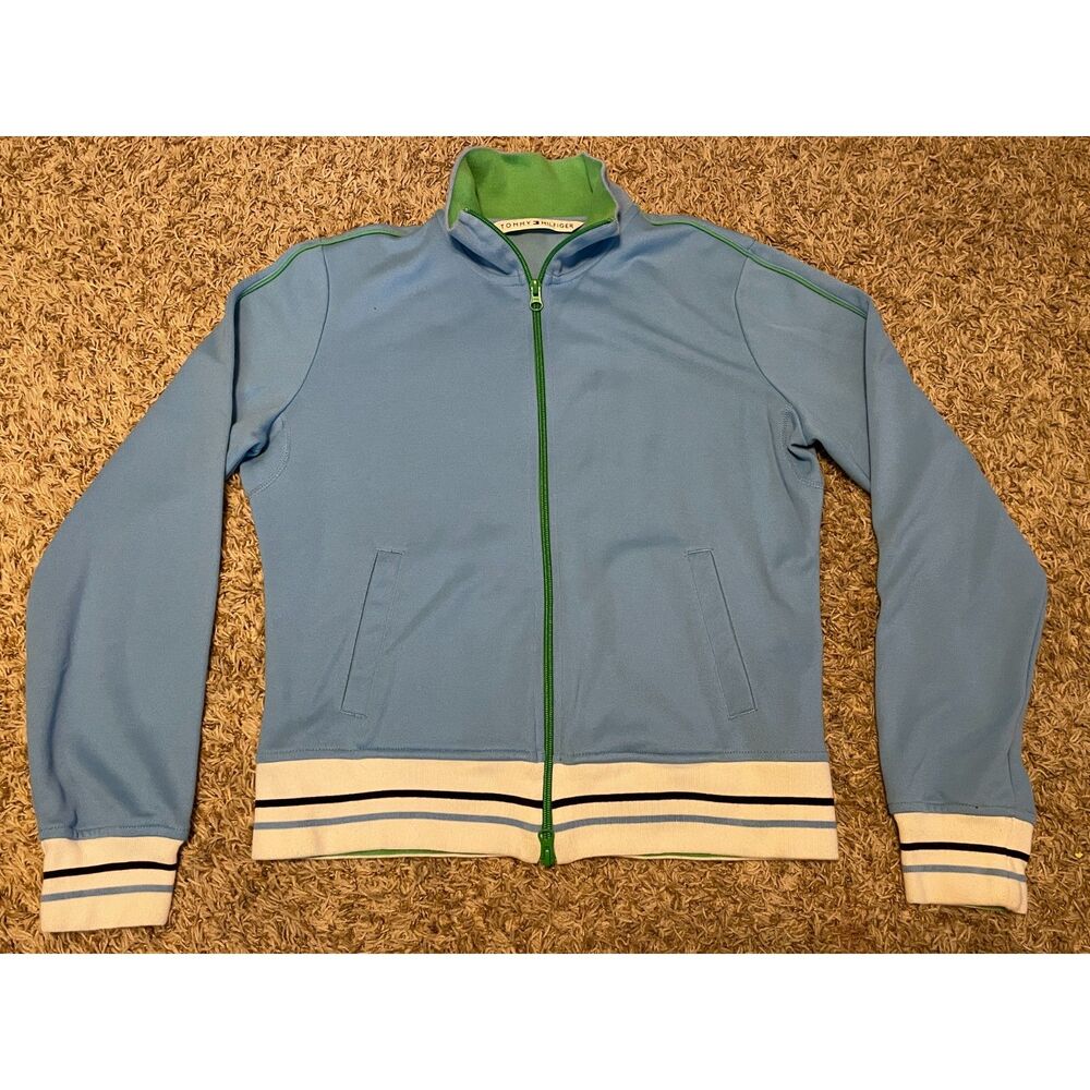 Tommy Hilfiger Track Jacket Mens Large Blue Green Retro Y2K Full Zip Vintage
